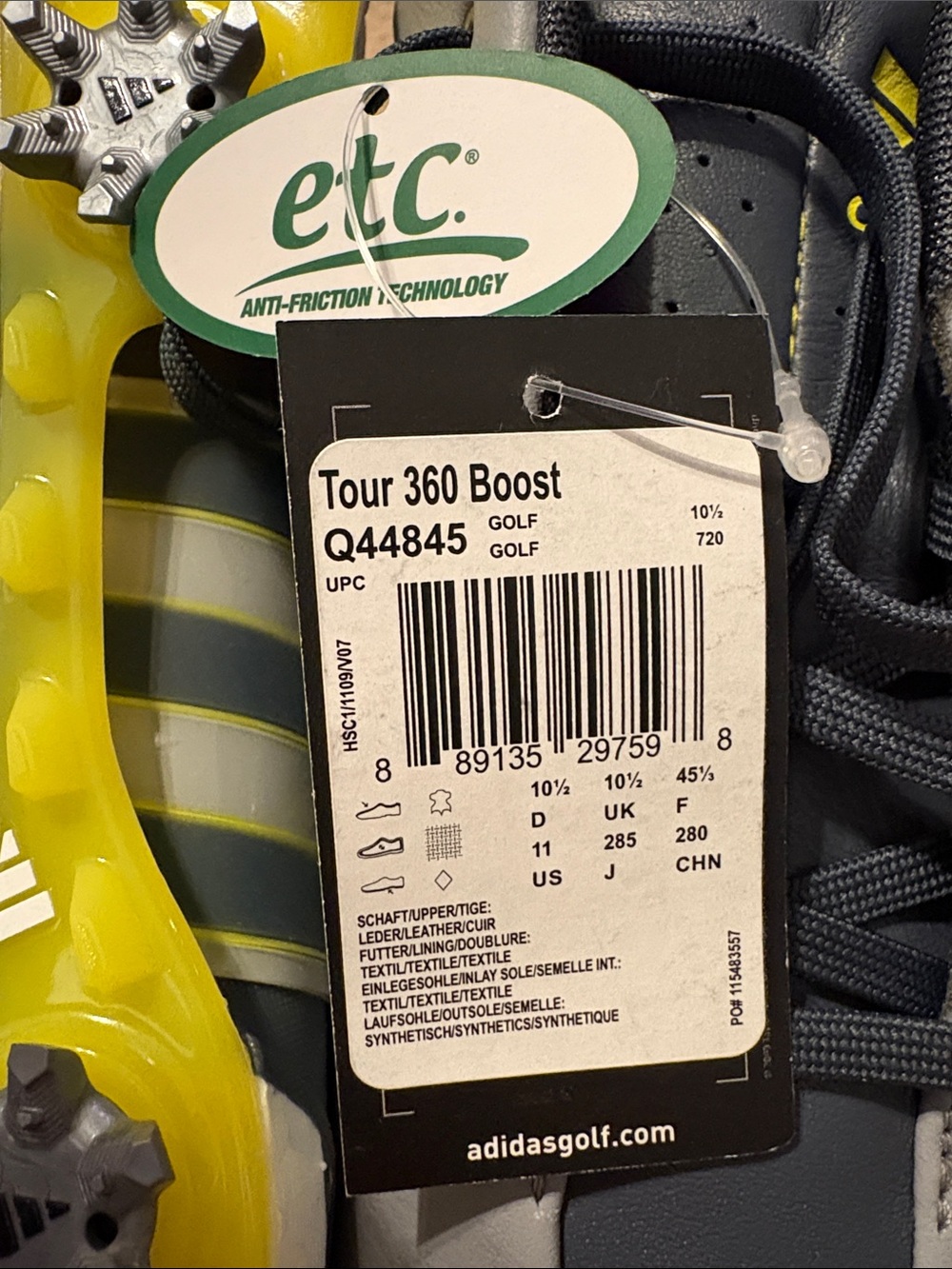 adidas Tour 360 Boost Gray and Yellow Golf Shoes - Picture 5 of 5